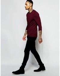 Asos Brand Extreme Muscle 34 Sleeve T Shirt With Raw Edge And Scoop Neck Oxblood