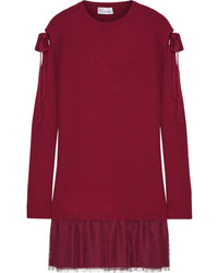 RED Valentino Redvalentino Ribbed Wool And Point Desprit Tulle Mini Dress Merlot