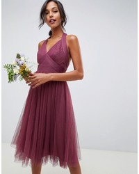 Burgundy Tulle Fit and Flare Dress