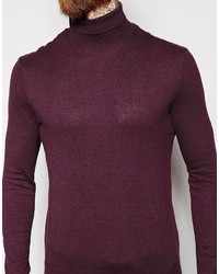 Asos Brand Roll Neck Sweater In Burgundy Cotton