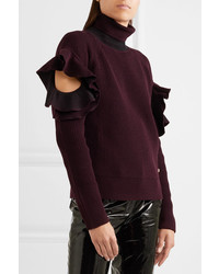 Versace Cutout Ribbed Wool Blend Turtleneck Sweater Burgundy
