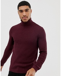 ASOS DESIGN Muscle Fit Cable Roll Neck Jumper In Burgundy