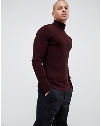 ASOS DESIGN Muscle Fit Ribbed Roll Neck Jumper In Burgundy