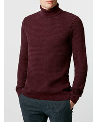 Topman Burgundy Textured Turtle Neck Sweater