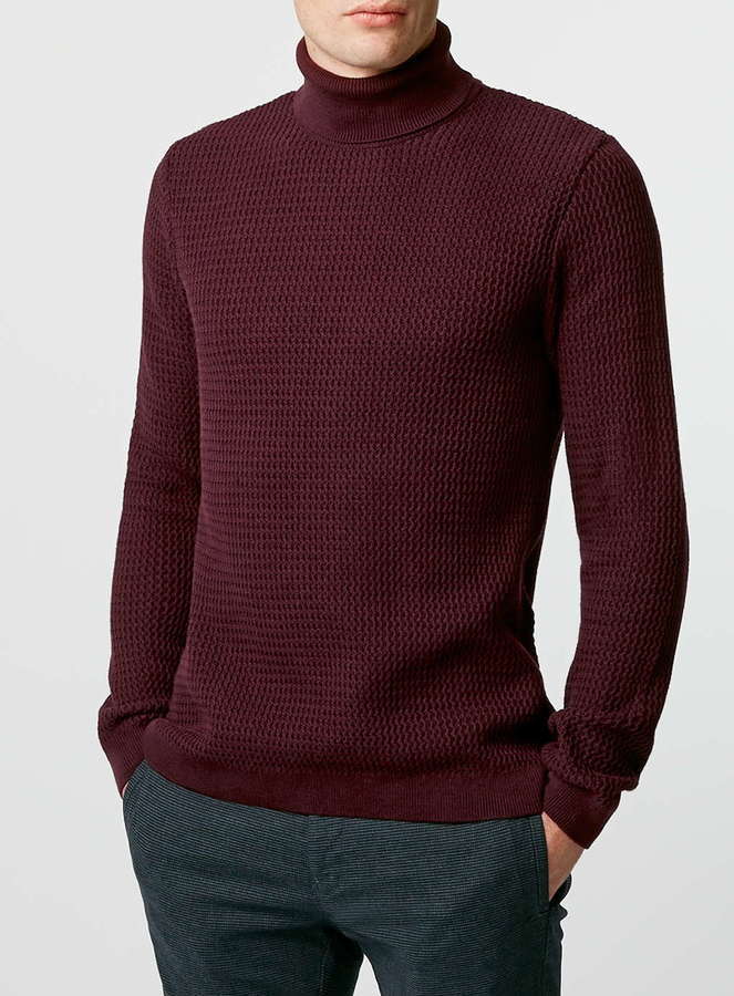 Topman Burgundy Textured Turtle Neck Sweater, $60 | Topman | Lookastic