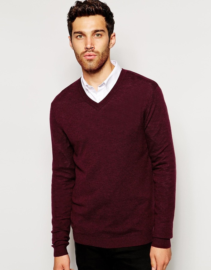 Burgundy V-neck Sweater: Asos Brand Merino V Neck Sweater | Where to ...