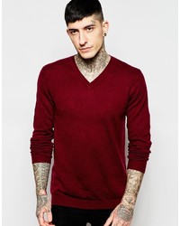 Asos Brand Merino V Neck Sweater In Burgundy