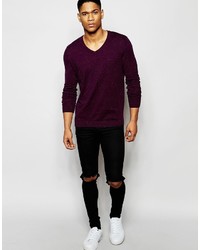Asos Brand V Neck Sweater In Burgundy Cotton