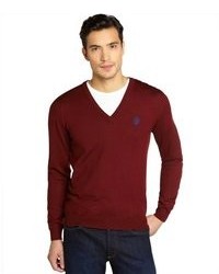 Gucci Burgundy Wool Long Sleeved V Neck Sweater
