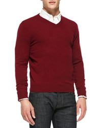 Neiman Marcus Cashmere V Neck Sweater Burgundy