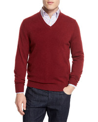Neiman Marcus Cashmere V Neck Sweater Claret