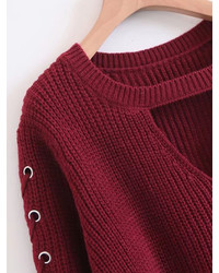 Shein Choker V Neck Lace Up Sleeve Sweater