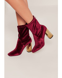 Missguided Burgundy Velvet Metallic Heel Ankle Boots