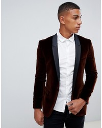 Hugo Arti Extra Slim Fit Velvet Blazer Jacket With Satin Lapels In Brown