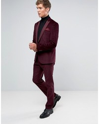 Asos Slim Suit Jacket In Burgundy Velvet Cord