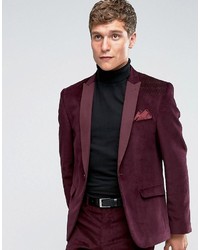 Asos Slim Suit Jacket In Burgundy Velvet Cord