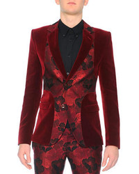Alexander McQueen Velvet Evening Jacket With Poppy Front Burgundy