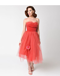 Vintage 1950s Red Tulle Strapless Sweetheart Gown