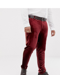 ASOS DESIGN Plus Super Skinny Smart Trouser In Burgundy Velvet With Gold Piping