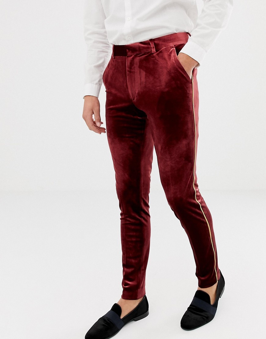 ASOS DESIGN Super Skinny Smart Trouser In Burgundy Velvet With Gold ...