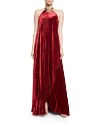 Ralph Lauren Collection Pamela Fluid Velvet Plisse Halter Gown Crimson