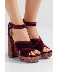Miu Miu Glittered Velvet Platform Sandals Burgundy