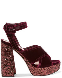 Miu Miu Glittered Velvet Platform Sandals Burgundy