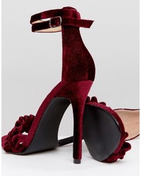 Public Desire Pheonix Burgundy Velvet Ruffle Heeled Sandals