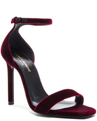 Saint Laurent Velvet Amber Ankle Strap Heels In Red