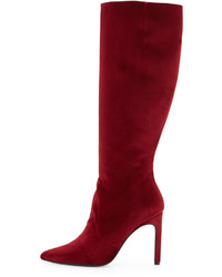 Stuart Weitzman Hyper Pointed Toe Velvet Knee Boot Scarlet