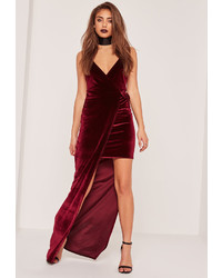 Missguided Burgundy Velvet Strappy Side Split Maxi Dress