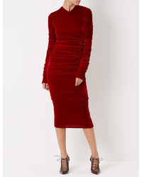 Y Project Burgundy Velvet Rouched Midi Dress