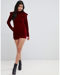 Glamorous Frill Shoulder Long Sleeve Playsuit In Velvet