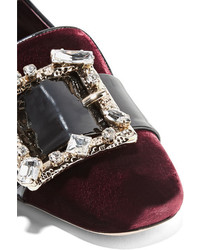 Miu Miu Crystal Embellished Patent Leather Trimmed Velvet Pumps Burgundy