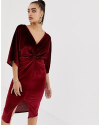 Missguided Velvet Plunge Twist Front Midi Dress In Dark Red