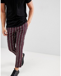 ASOS DESIGN Slim Cropped Trousers In Wine With Black Stripe