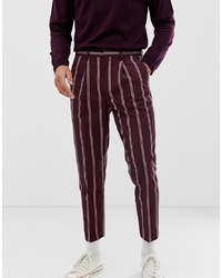 ASOS DESIGN Tapered Trousers In Burgundy With Pin Stripe
