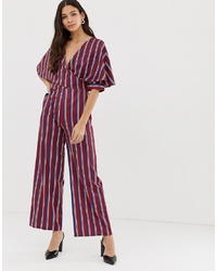 Liquorish Wrap Front Jumpsuit With Batwing Sleeves In Stripe