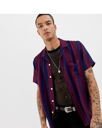 Heart & Dagger Striped Revere Shirt In Navy And Burgundy With Short Sleeves