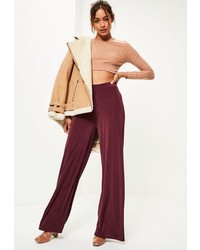 Missguided Burgundy Vertical Ribbed Wide Leg Trousers
