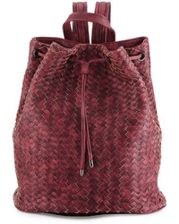 Neiman Marcus Basket Woven Drawstring Bucket Backpack Burgundy
