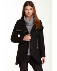 French Connection Asymmetrical Zip Wool Blend Faux Leather Accent Tulip Coat
