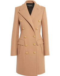 Balmain Double Breasted Wool And Cashmere Blend Coat Camel