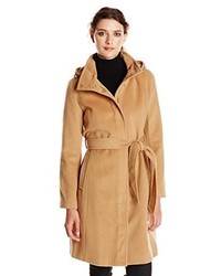 Ellen Tracy Outerwear Belted Wool Blend Coat With Hood