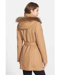 Ellen Tracy Hooded Wool Blend Coat With Genuine Fox Fur Trim