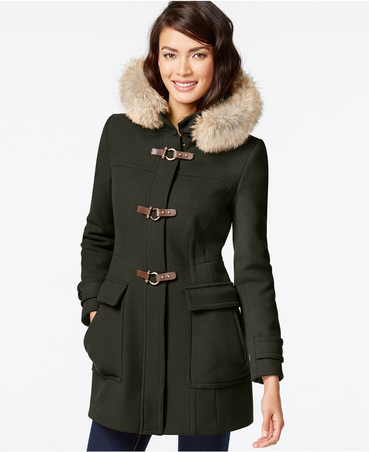 Trina Turk Coyote Fur Trim Buckled Duffle Coat, $525 | Macy's | Lookastic