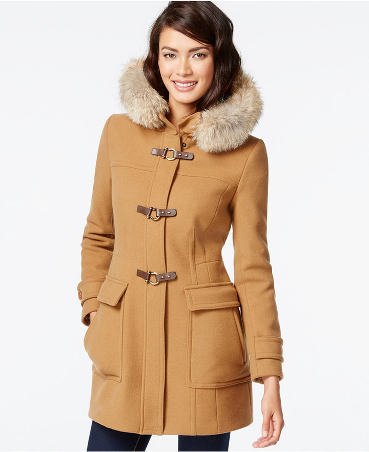 Trina Turk Coyote Fur Trim Buckled Duffle Coat, $525 | Macy's | Lookastic