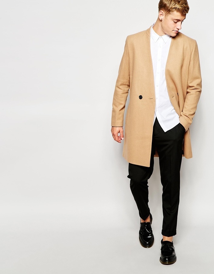 Asos Brand Collarless Double Breasted Overcoat In Camel, $154 | Asos ...