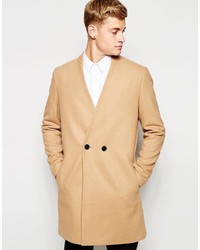 Asos Brand Collarless Double Breasted Overcoat In Camel
