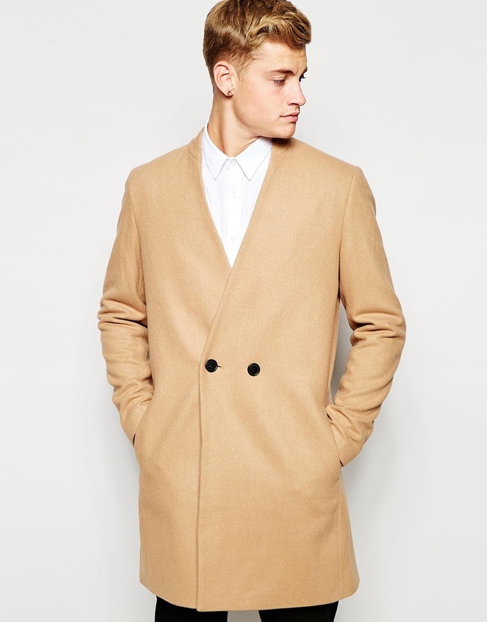 Asos Brand Collarless Double Breasted Overcoat In Camel, $154 | Asos ...